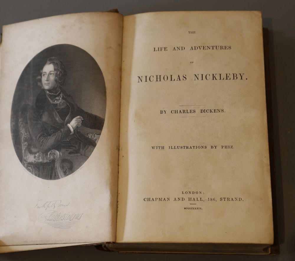 Dickens, Charles - The Life and Adventures of Nicholas Nickleby, 1st edition, portrait frontis and 39 plates (by H.K. Browne), 19th cen